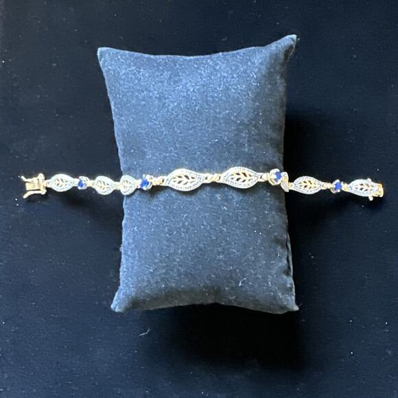 SIGNED DL Gold Plated Sterling 925 Filigree Sapphire Blue Crystals 7.5” Bracelet - Picture 4 of 12